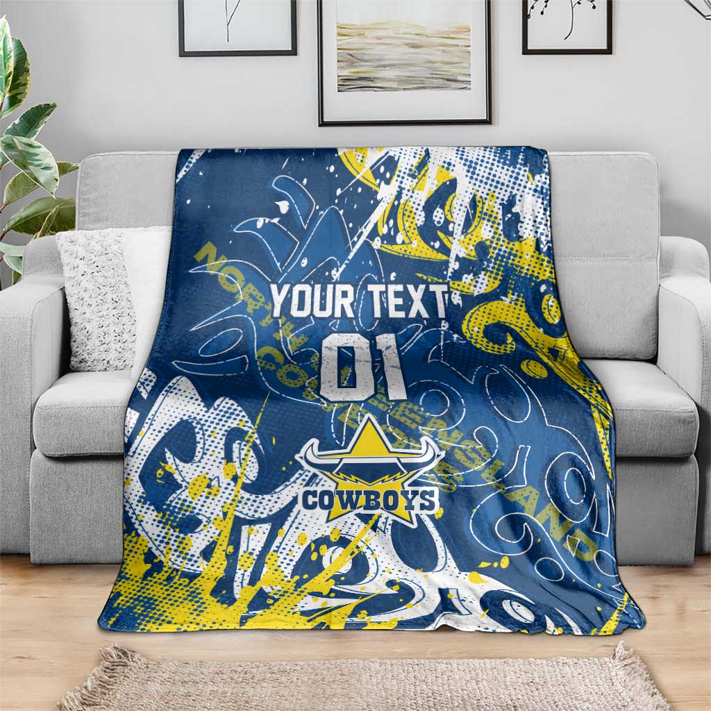 Personalized North Queensland Cowboys Rugby Blanket Urban Street Graffiti Style - Distressed Splatter Elements