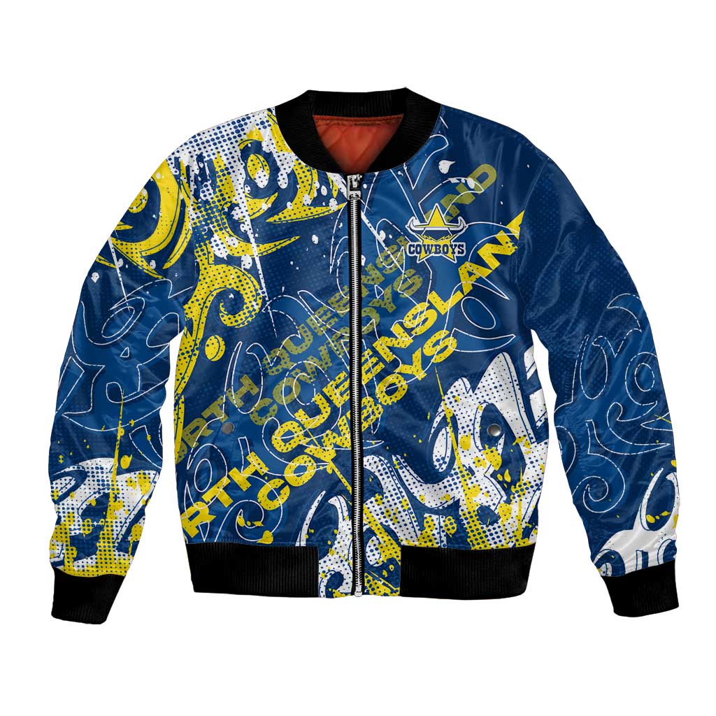 Personalized North Queensland Cowboys Rugby Bomber Jacket Urban Street Graffiti Style - Distressed Splatter Elements