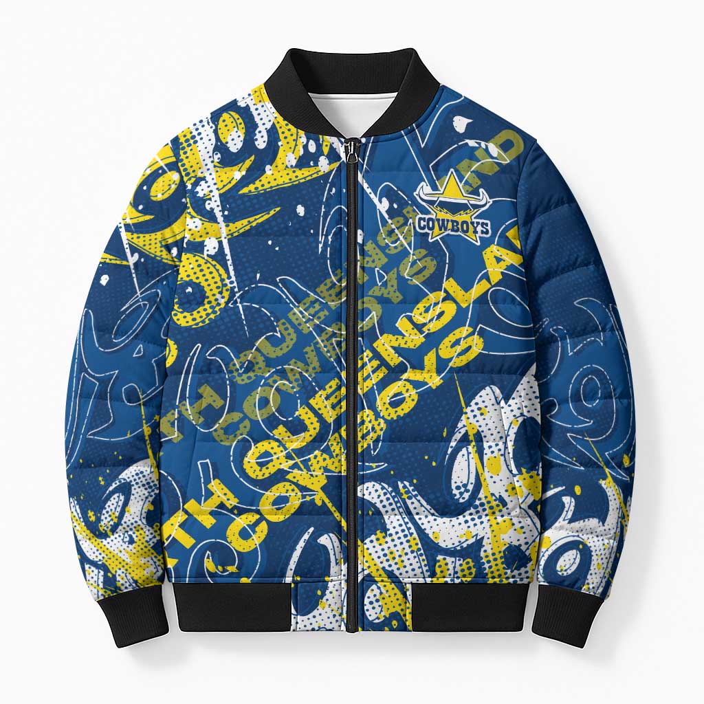 Personalized North Queensland Cowboys Rugby Bomber Puffer Jacket Urban Street Graffiti Style - Distressed Splatter Elements