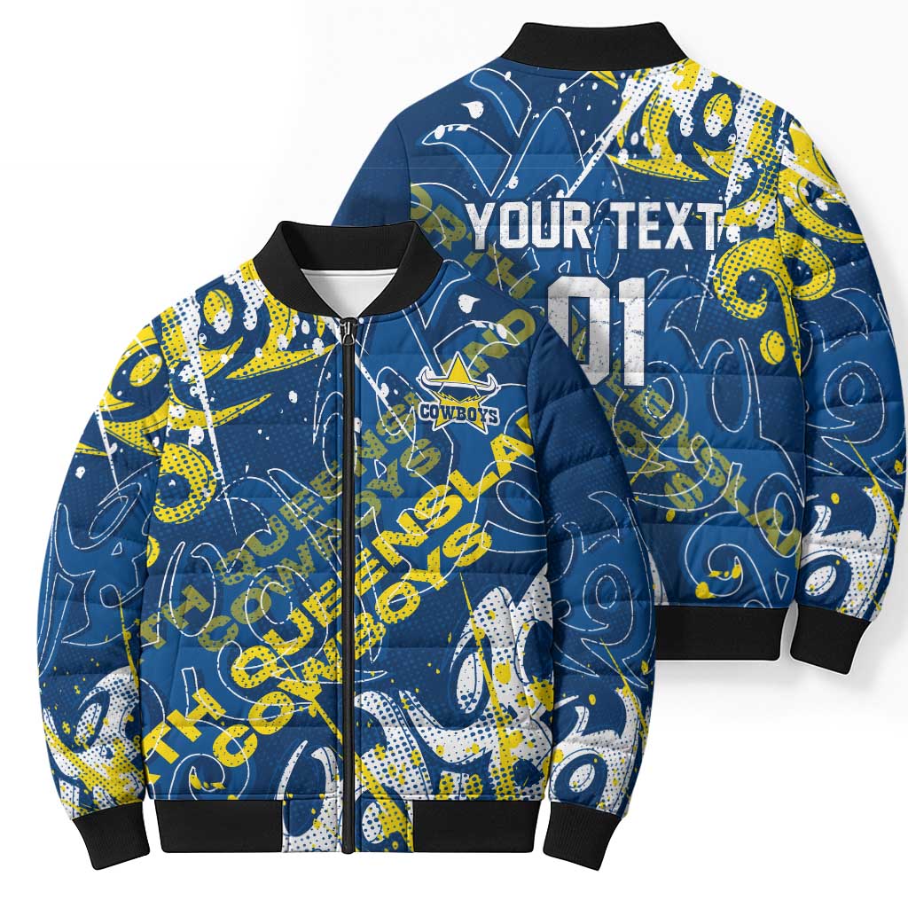 Personalized North Queensland Cowboys Rugby Bomber Puffer Jacket Urban Street Graffiti Style - Distressed Splatter Elements