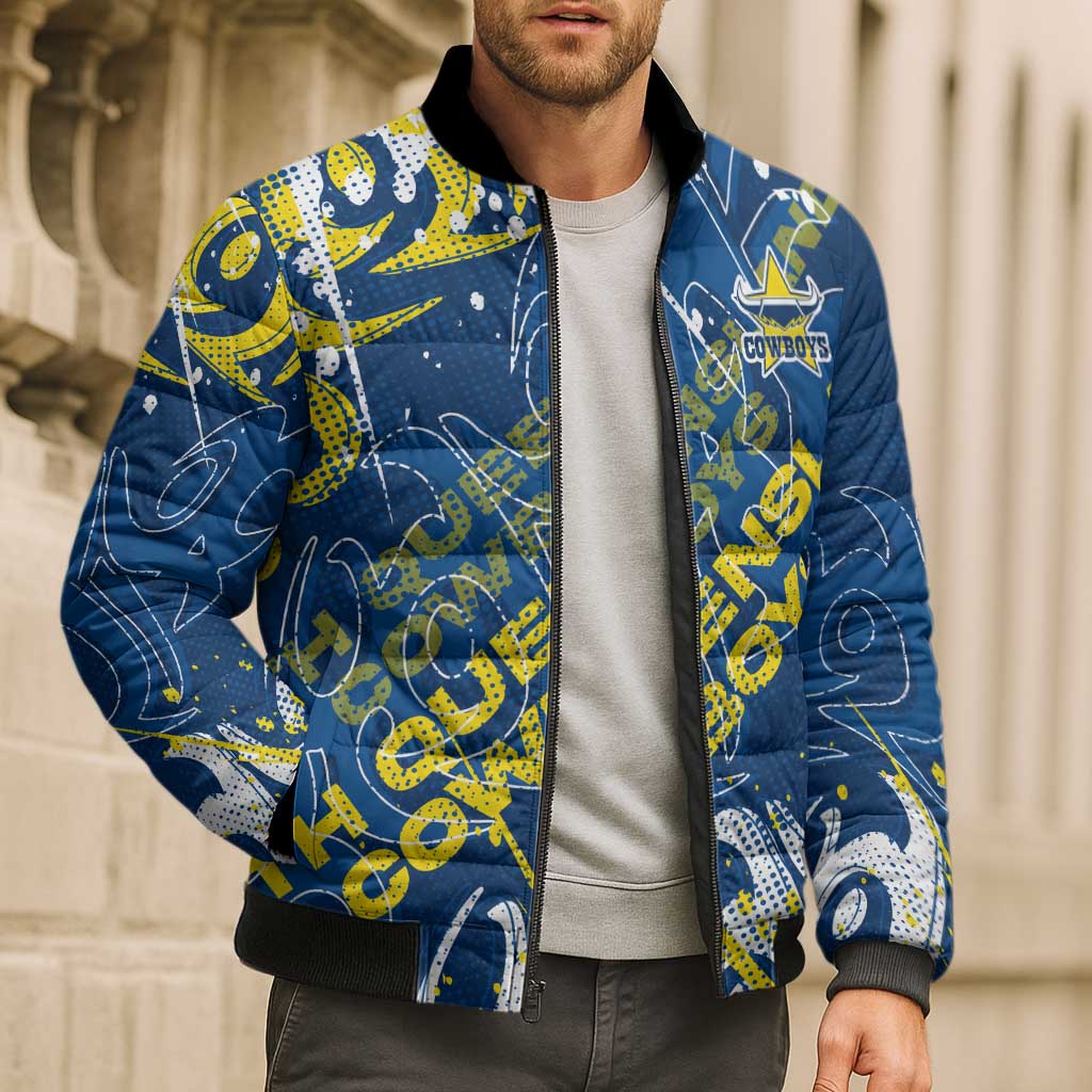 Personalized North Queensland Cowboys Rugby Bomber Puffer Jacket Urban Street Graffiti Style - Distressed Splatter Elements