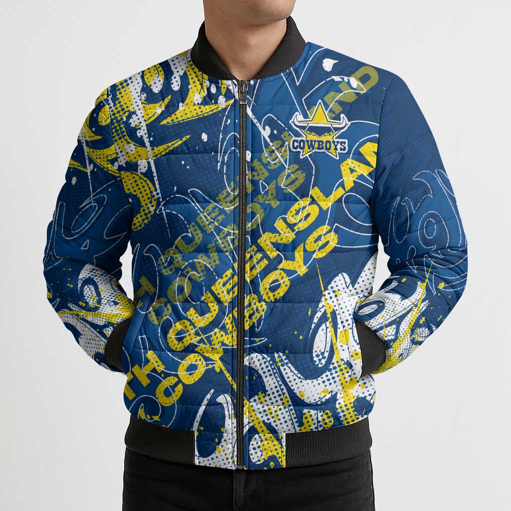 Personalized North Queensland Cowboys Rugby Bomber Puffer Jacket Urban Street Graffiti Style - Distressed Splatter Elements