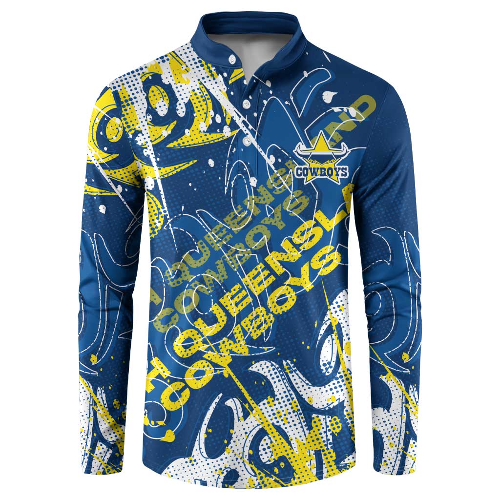Personalized North Queensland Cowboys Rugby Button Sweatshirt Urban Street Graffiti Style - Distressed Splatter Elements