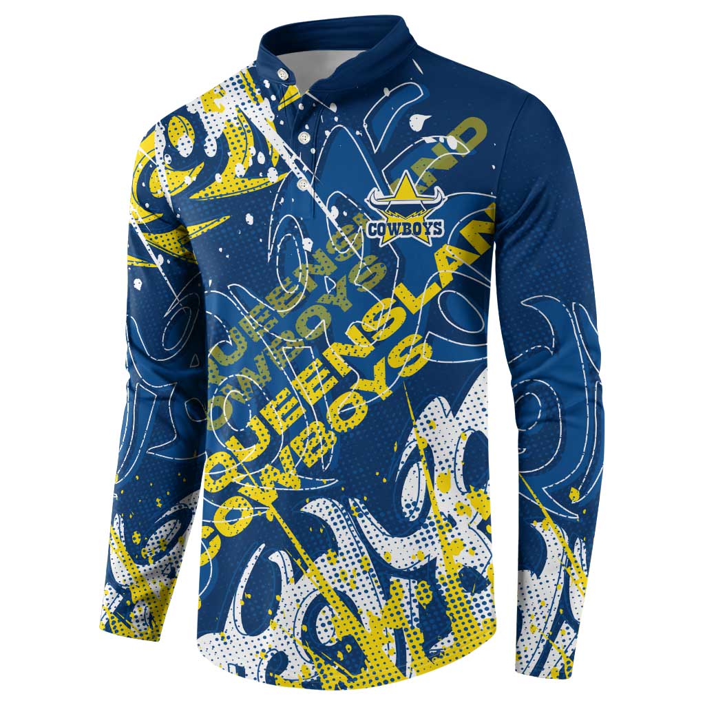 Personalized North Queensland Cowboys Rugby Button Sweatshirt Urban Street Graffiti Style - Distressed Splatter Elements
