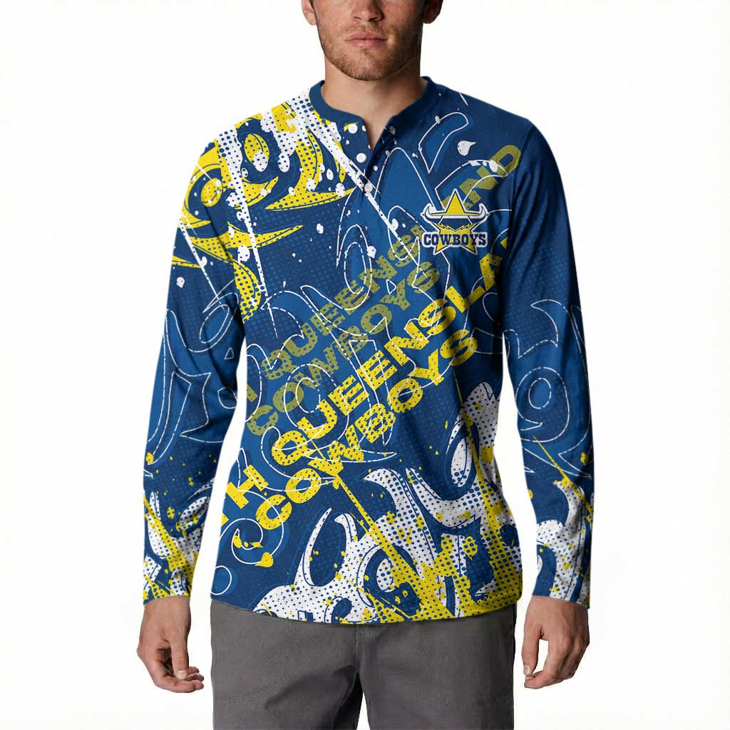 Personalized North Queensland Cowboys Rugby Button Sweatshirt Urban Street Graffiti Style - Distressed Splatter Elements
