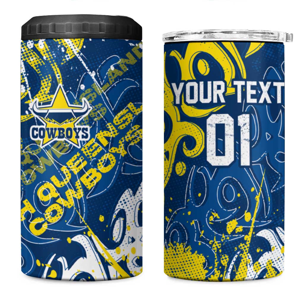 Personalized North Queensland Cowboys Rugby 4 in 1 Can Cooler Tumbler Urban Street Graffiti Style - Distressed Splatter Elements