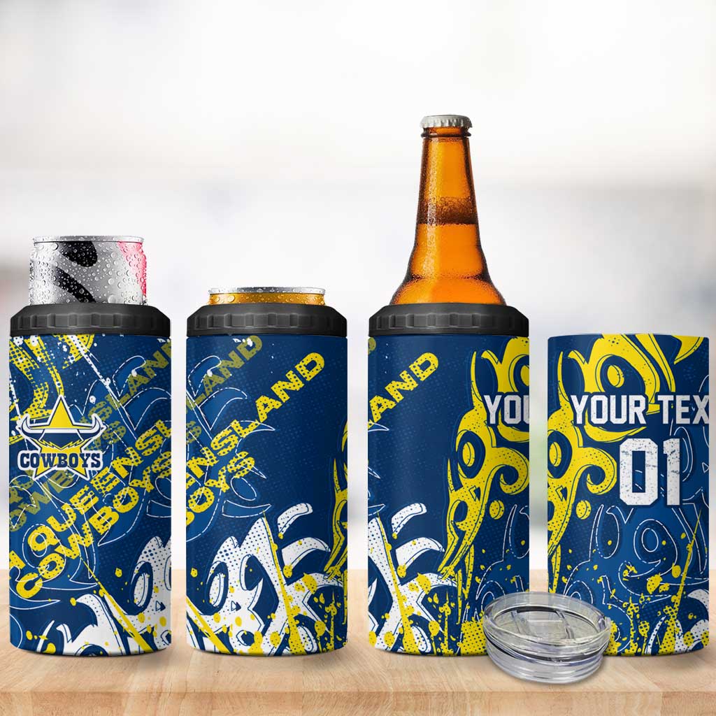Personalized North Queensland Cowboys Rugby 4 in 1 Can Cooler Tumbler Urban Street Graffiti Style - Distressed Splatter Elements