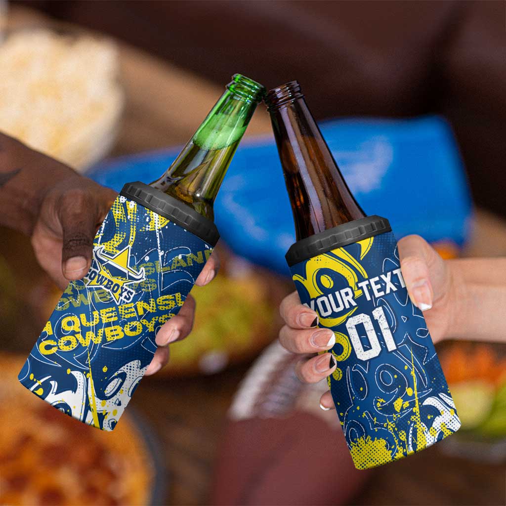 Personalized North Queensland Cowboys Rugby 4 in 1 Can Cooler Tumbler Urban Street Graffiti Style - Distressed Splatter Elements