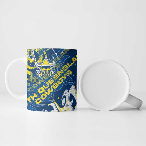 Personalized North Queensland Cowboys Rugby Ceramic Mug Urban Street Graffiti Style - Distressed Splatter Elements