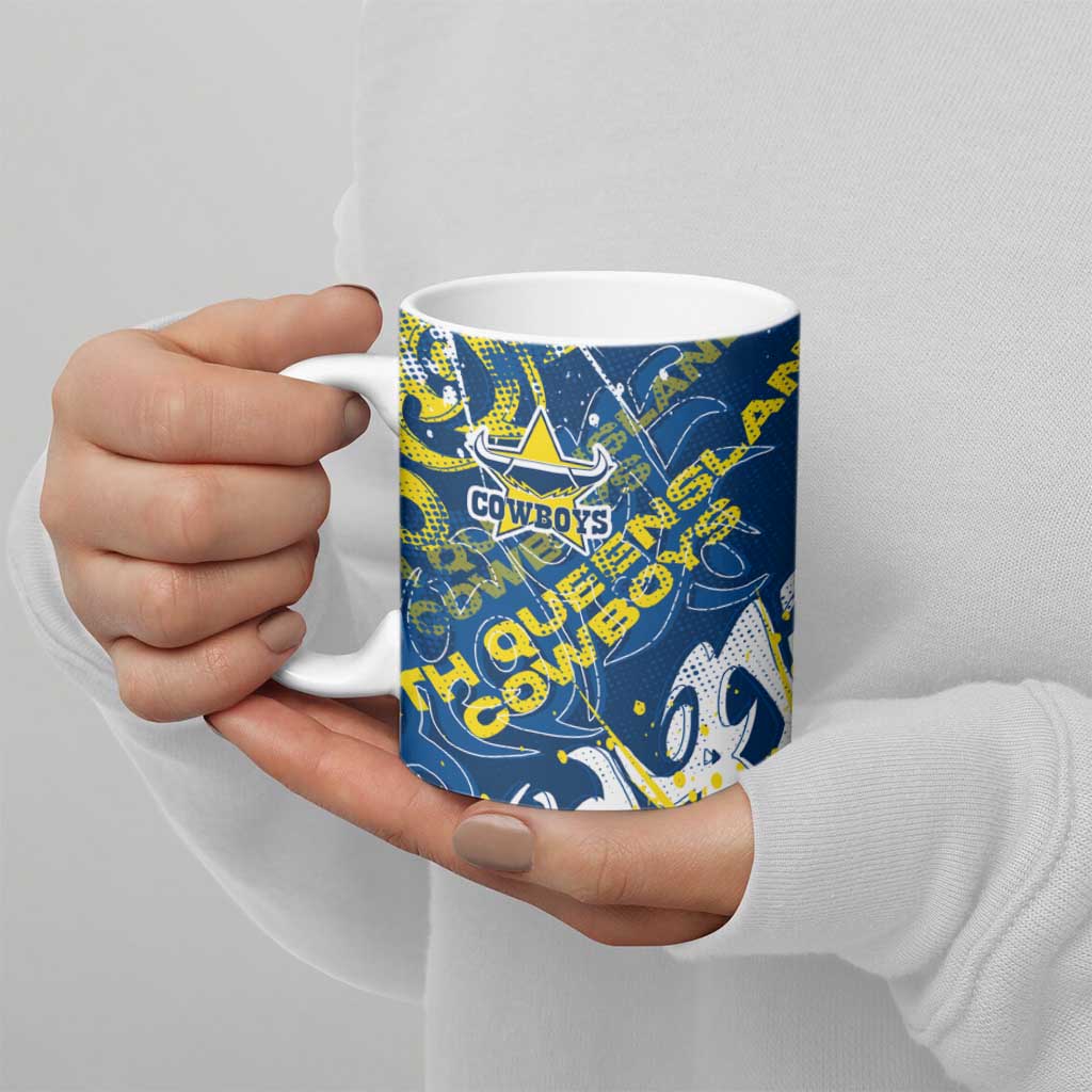Personalized North Queensland Cowboys Rugby Ceramic Mug Urban Street Graffiti Style - Distressed Splatter Elements