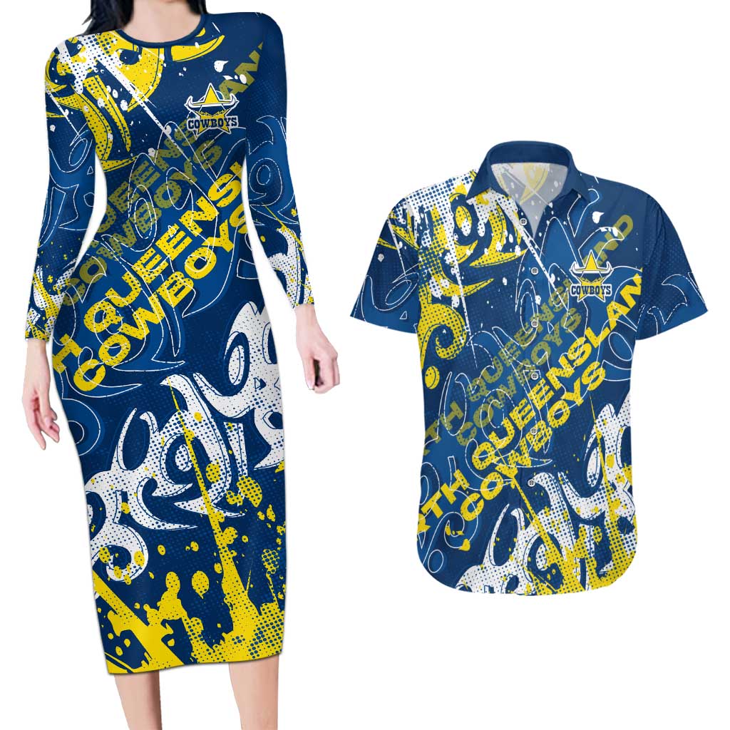 Personalized North Queensland Cowboys Rugby Couples Matching Long Sleeve Bodycon Dress and Hawaiian Shirt Urban Street Graffiti Style - Distressed Splatter Elements