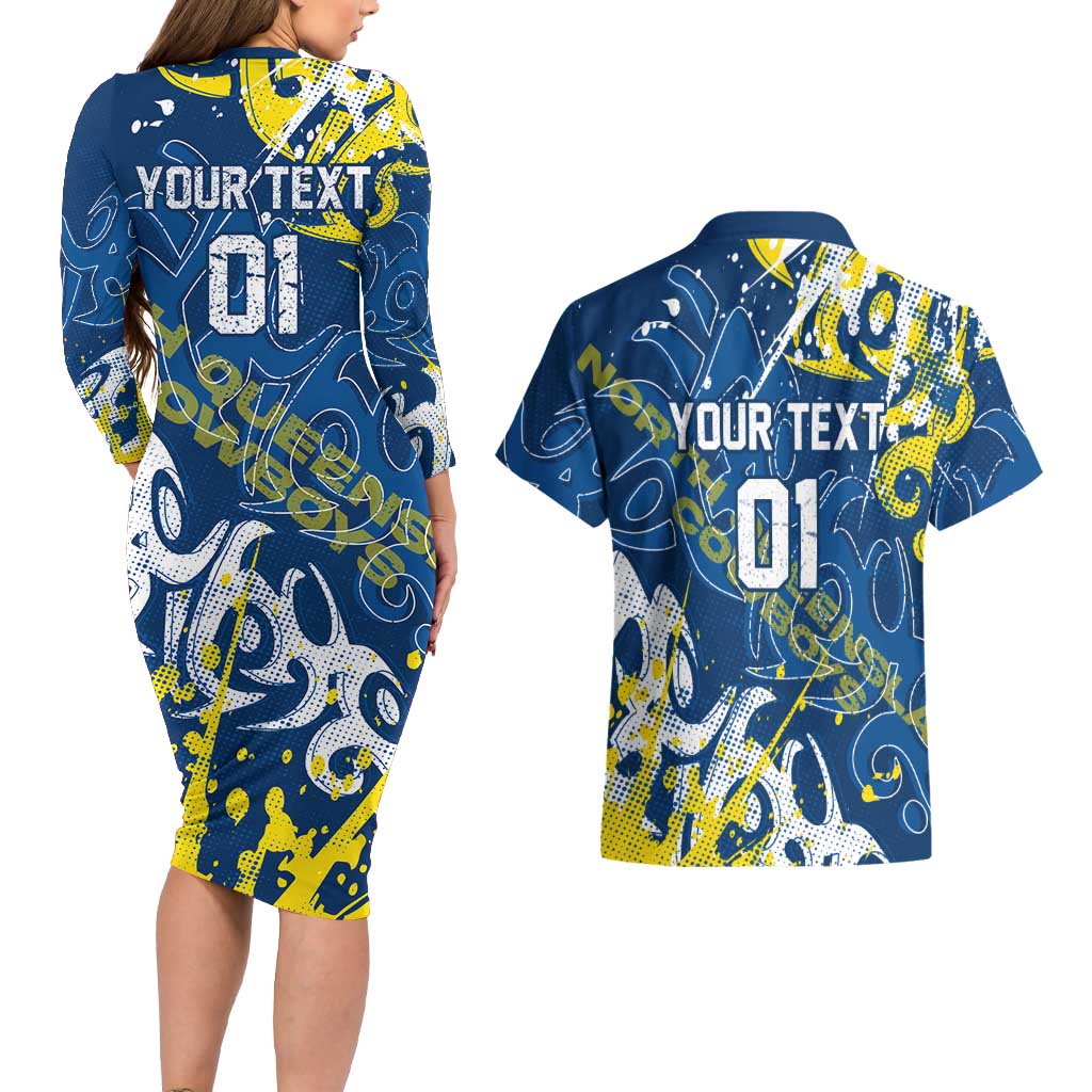 Personalized North Queensland Cowboys Rugby Couples Matching Long Sleeve Bodycon Dress and Hawaiian Shirt Urban Street Graffiti Style - Distressed Splatter Elements