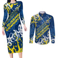 Personalized North Queensland Cowboys Rugby Couples Matching Long Sleeve Bodycon Dress and Long Sleeve Button Shirt Urban Street Graffiti Style - Distressed Splatter Elements