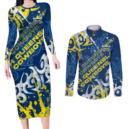 Personalized North Queensland Cowboys Rugby Couples Matching Long Sleeve Bodycon Dress and Long Sleeve Button Shirt Urban Street Graffiti Style - Distressed Splatter Elements