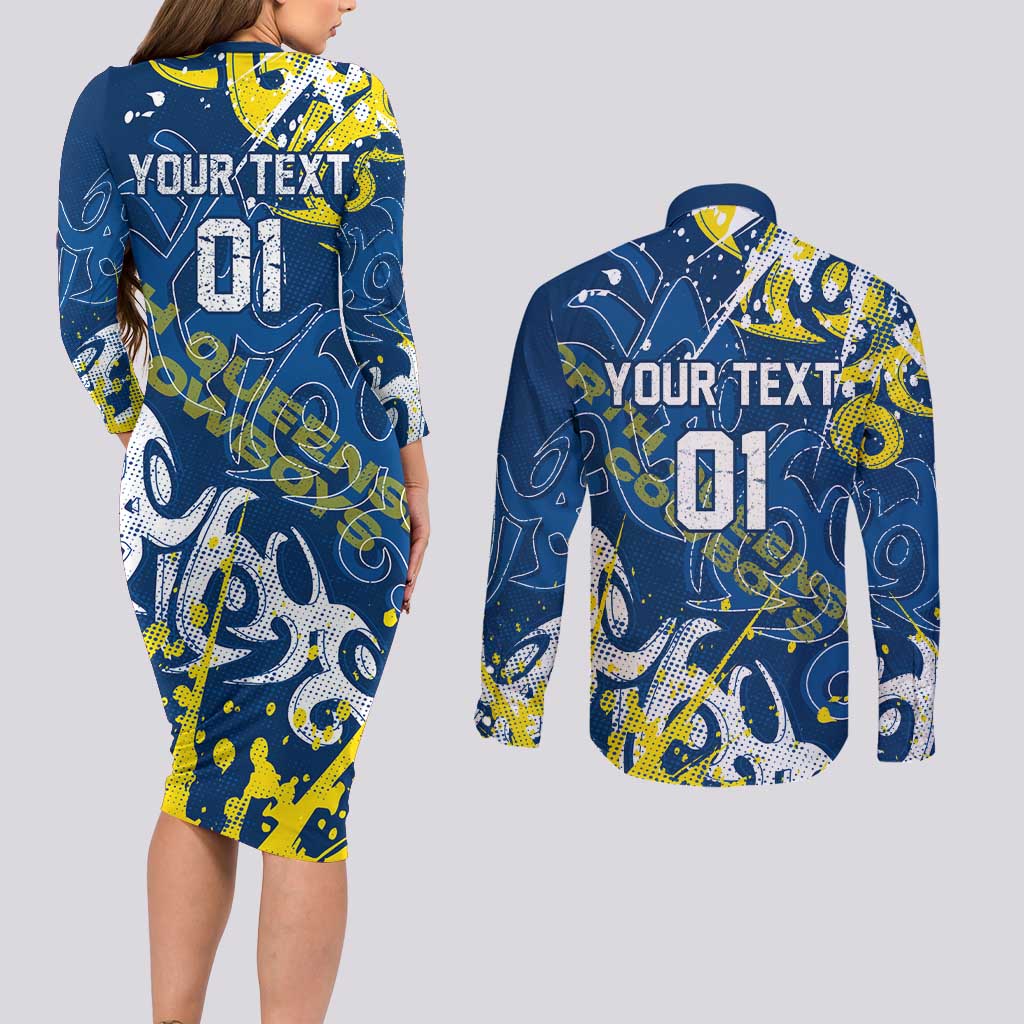 Personalized North Queensland Cowboys Rugby Couples Matching Long Sleeve Bodycon Dress and Long Sleeve Button Shirt Urban Street Graffiti Style - Distressed Splatter Elements