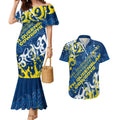 Personalized North Queensland Cowboys Rugby Couples Matching Mermaid Dress and Hawaiian Shirt Urban Street Graffiti Style - Distressed Splatter Elements