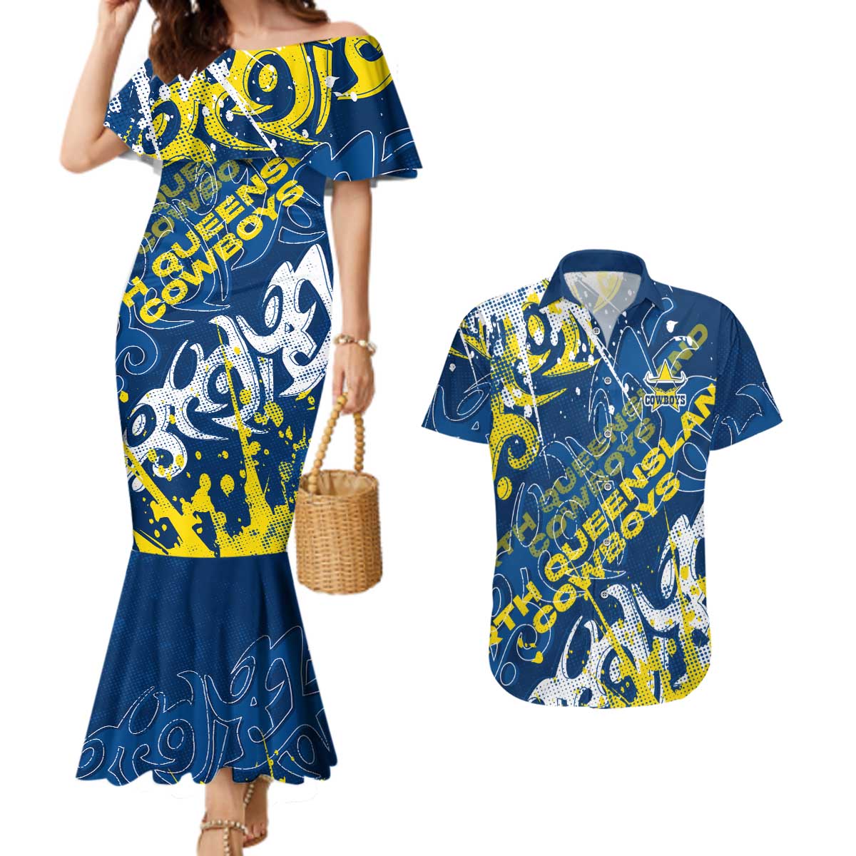 Personalized North Queensland Cowboys Rugby Couples Matching Mermaid Dress and Hawaiian Shirt Urban Street Graffiti Style - Distressed Splatter Elements
