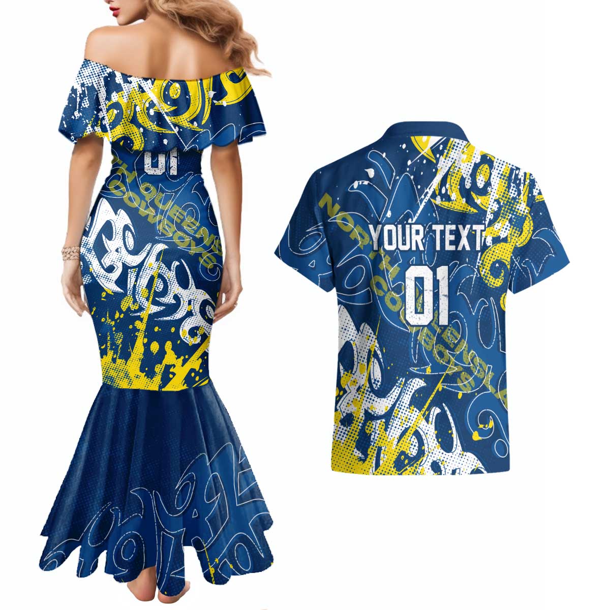 Personalized North Queensland Cowboys Rugby Couples Matching Mermaid Dress and Hawaiian Shirt Urban Street Graffiti Style - Distressed Splatter Elements