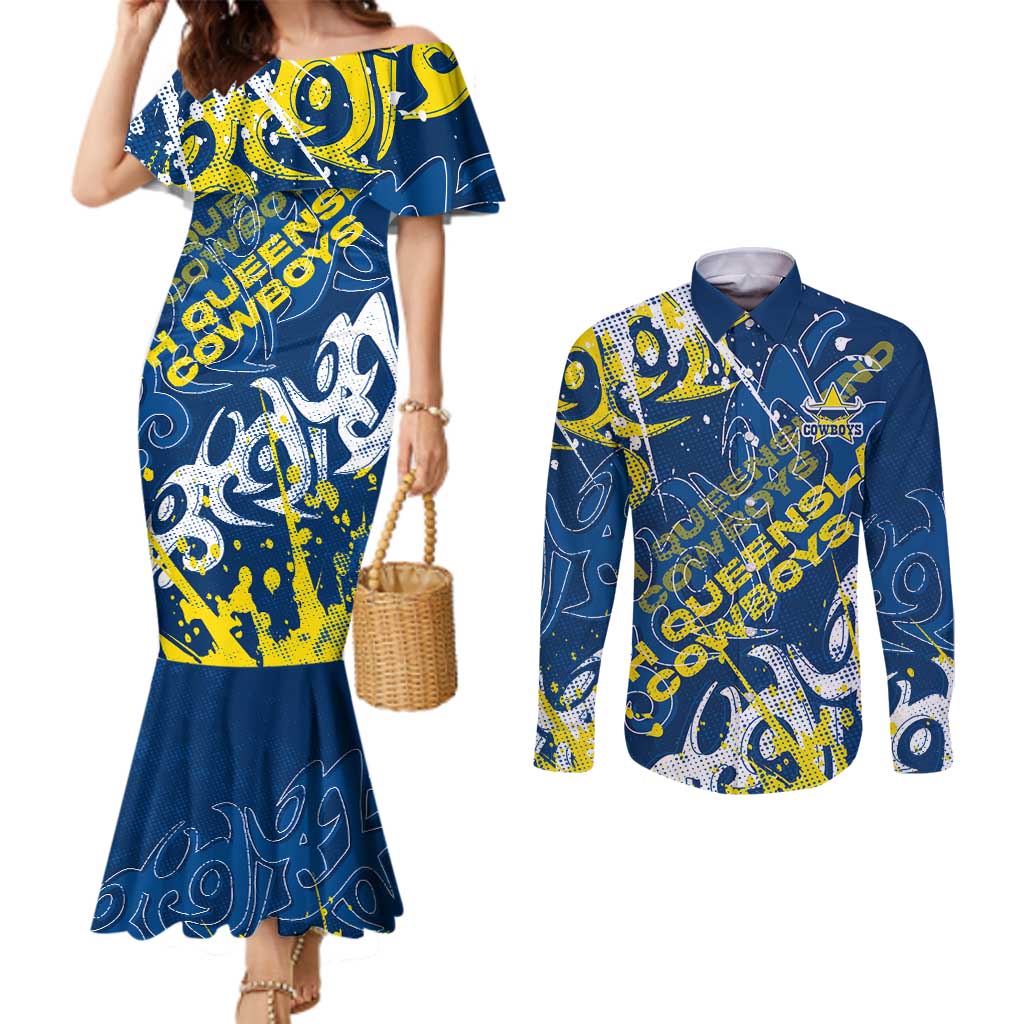 Personalized North Queensland Cowboys Rugby Couples Matching Mermaid Dress and Long Sleeve Button Shirt Urban Street Graffiti Style - Distressed Splatter Elements