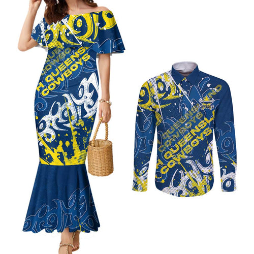 Personalized North Queensland Cowboys Rugby Couples Matching Mermaid Dress and Long Sleeve Button Shirt Urban Street Graffiti Style - Distressed Splatter Elements