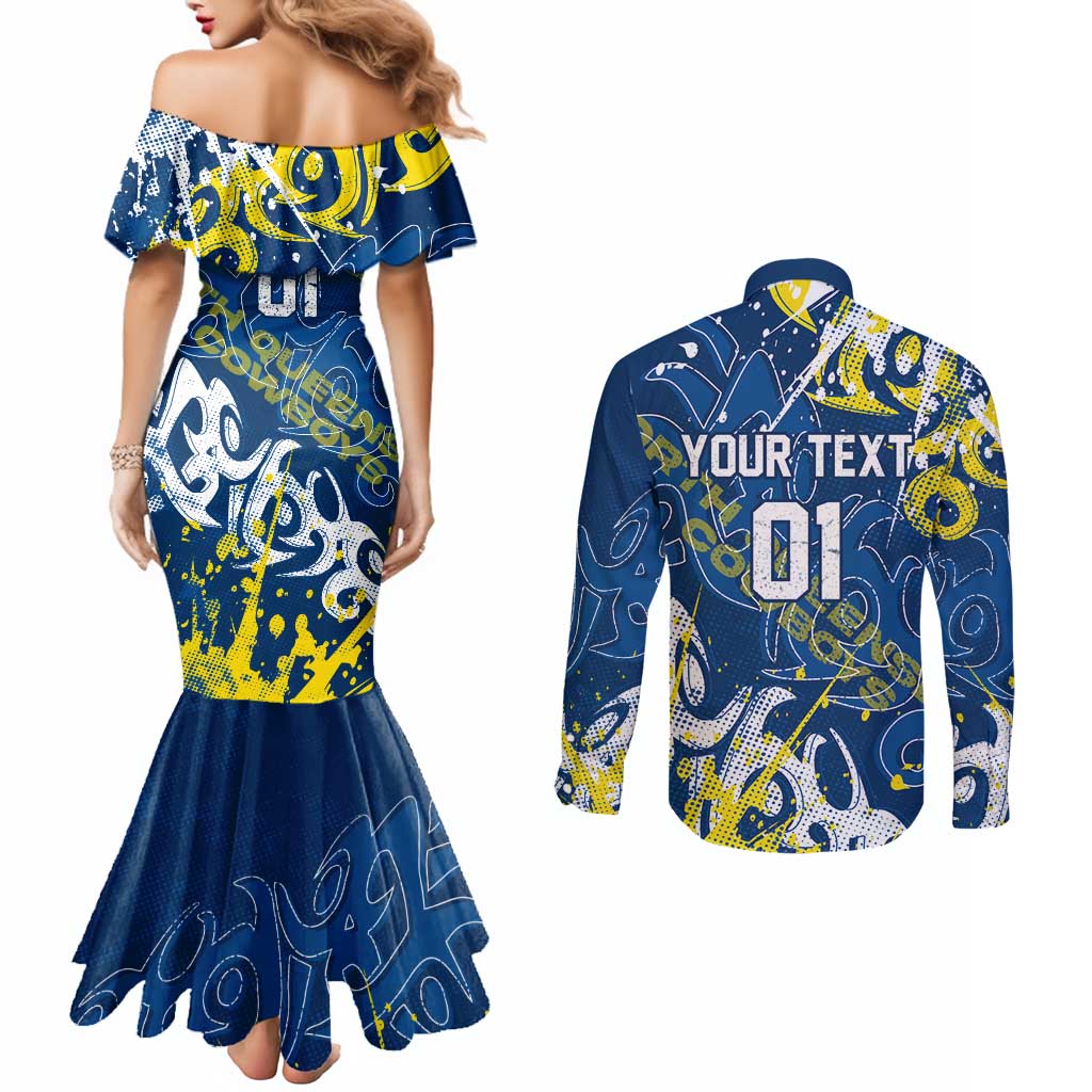 Personalized North Queensland Cowboys Rugby Couples Matching Mermaid Dress and Long Sleeve Button Shirt Urban Street Graffiti Style - Distressed Splatter Elements