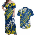 Personalized North Queensland Cowboys Rugby Couples Matching Off Shoulder Maxi Dress and Hawaiian Shirt Urban Street Graffiti Style - Distressed Splatter Elements