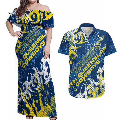 Personalized North Queensland Cowboys Rugby Couples Matching Off Shoulder Maxi Dress and Hawaiian Shirt Urban Street Graffiti Style - Distressed Splatter Elements
