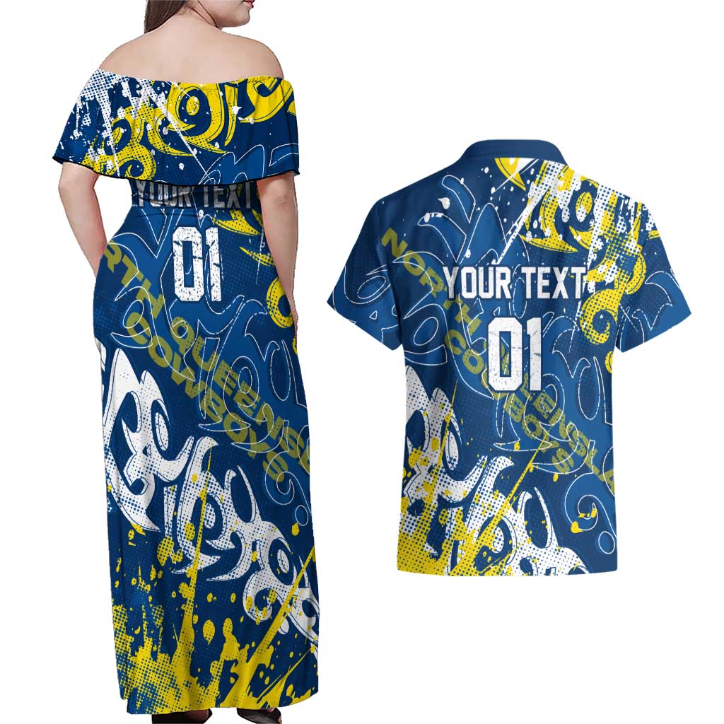 Personalized North Queensland Cowboys Rugby Couples Matching Off Shoulder Maxi Dress and Hawaiian Shirt Urban Street Graffiti Style - Distressed Splatter Elements