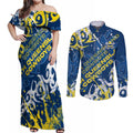 Personalized North Queensland Cowboys Rugby Couples Matching Off Shoulder Maxi Dress and Long Sleeve Button Shirt Urban Street Graffiti Style - Distressed Splatter Elements