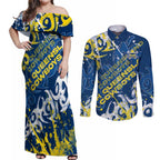 Personalized North Queensland Cowboys Rugby Couples Matching Off Shoulder Maxi Dress and Long Sleeve Button Shirt Urban Street Graffiti Style - Distressed Splatter Elements