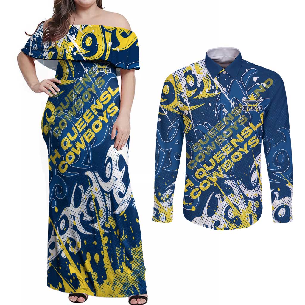 Personalized North Queensland Cowboys Rugby Couples Matching Off Shoulder Maxi Dress and Long Sleeve Button Shirt Urban Street Graffiti Style - Distressed Splatter Elements