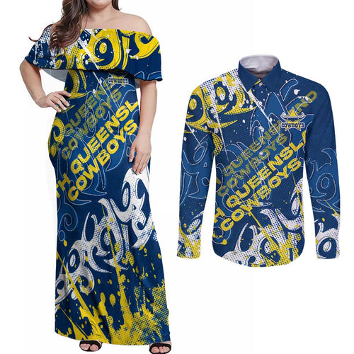 Personalized North Queensland Cowboys Rugby Couples Matching Off Shoulder Maxi Dress and Long Sleeve Button Shirt Urban Street Graffiti Style - Distressed Splatter Elements