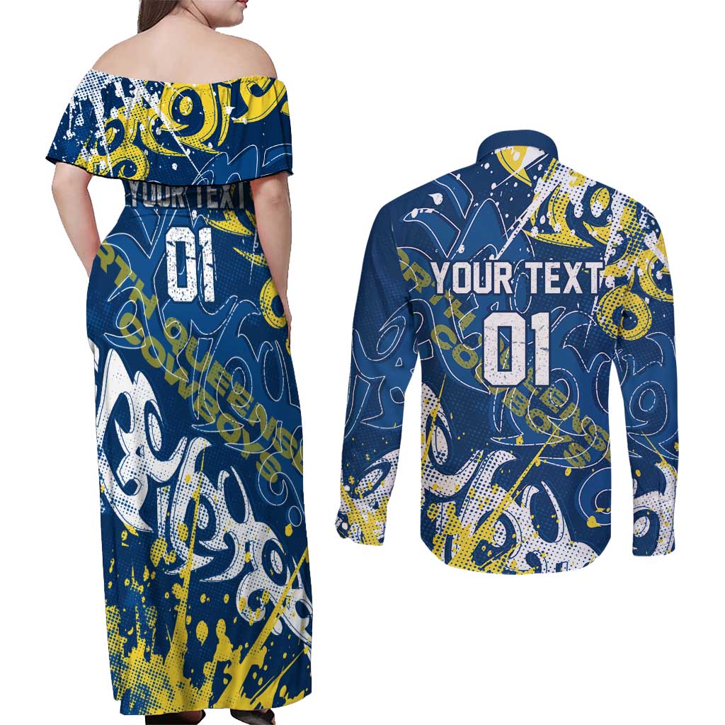 Personalized North Queensland Cowboys Rugby Couples Matching Off Shoulder Maxi Dress and Long Sleeve Button Shirt Urban Street Graffiti Style - Distressed Splatter Elements