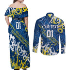 Personalized North Queensland Cowboys Rugby Couples Matching Off Shoulder Maxi Dress and Long Sleeve Button Shirt Urban Street Graffiti Style - Distressed Splatter Elements