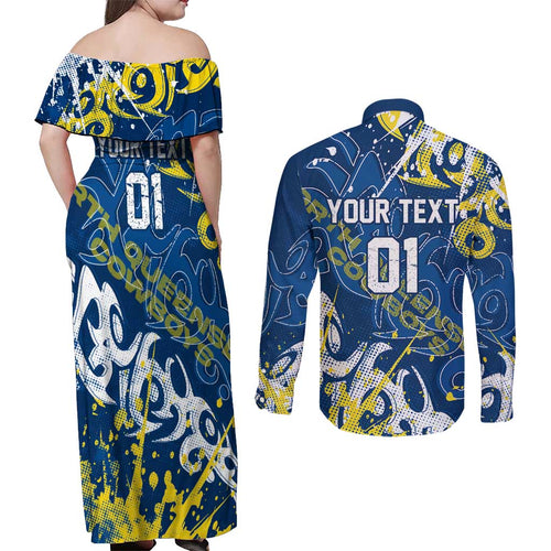 Personalized North Queensland Cowboys Rugby Couples Matching Off Shoulder Maxi Dress and Long Sleeve Button Shirt Urban Street Graffiti Style - Distressed Splatter Elements