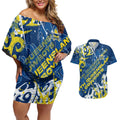 Personalized North Queensland Cowboys Rugby Couples Matching Off Shoulder Short Dress and Hawaiian Shirt Urban Street Graffiti Style - Distressed Splatter Elements