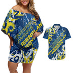 Personalized North Queensland Cowboys Rugby Couples Matching Off Shoulder Short Dress and Hawaiian Shirt Urban Street Graffiti Style - Distressed Splatter Elements