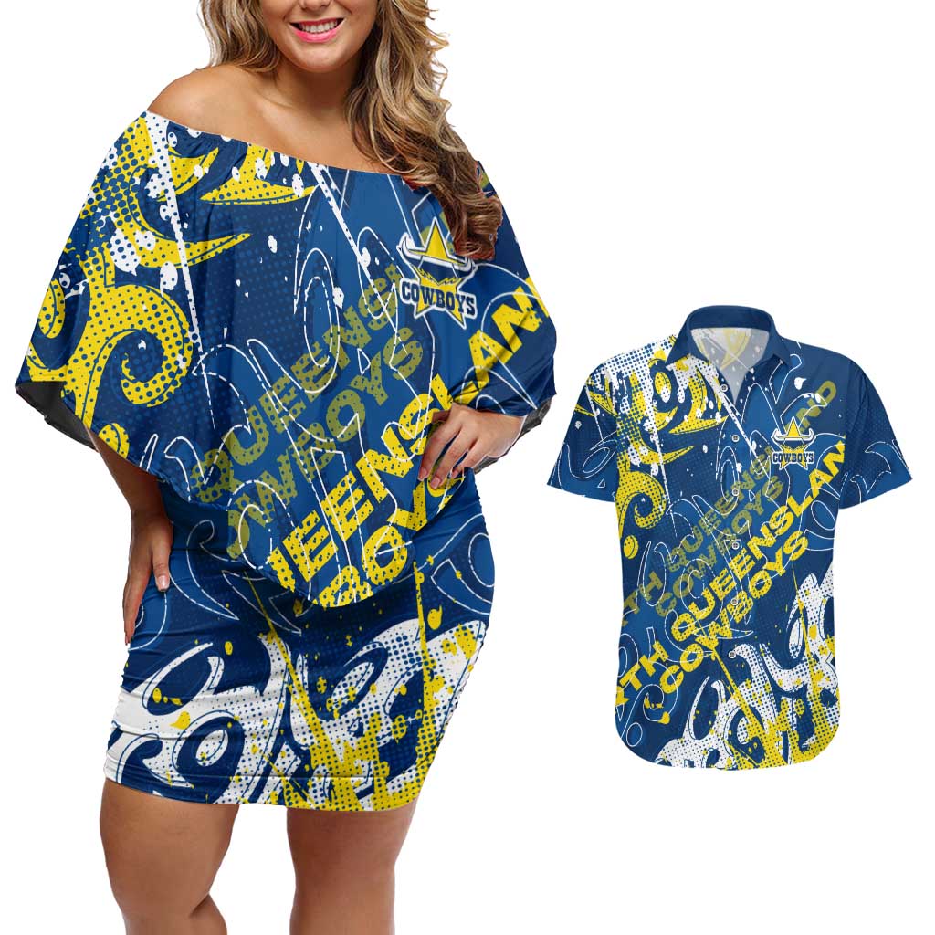 Personalized North Queensland Cowboys Rugby Couples Matching Off Shoulder Short Dress and Hawaiian Shirt Urban Street Graffiti Style - Distressed Splatter Elements