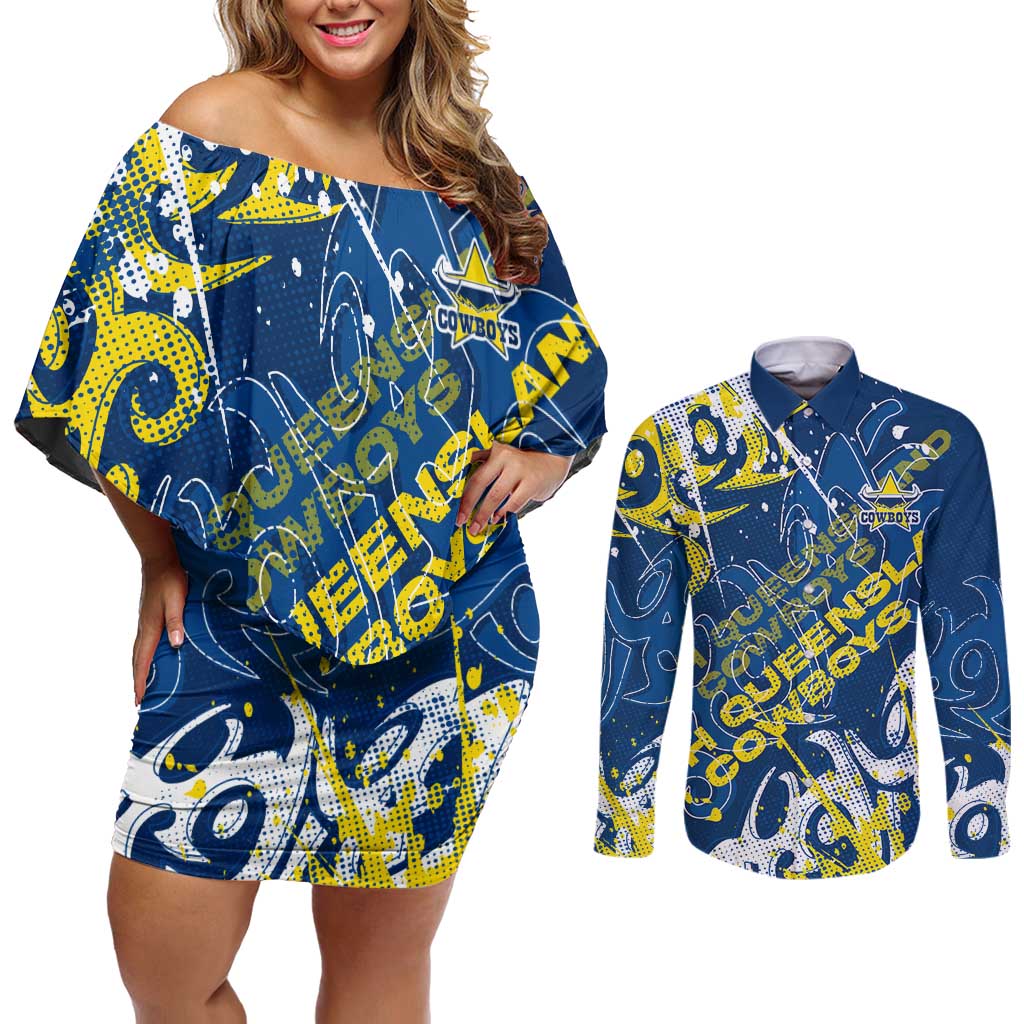 Personalized North Queensland Cowboys Rugby Couples Matching Off Shoulder Short Dress and Long Sleeve Button Shirt Urban Street Graffiti Style - Distressed Splatter Elements