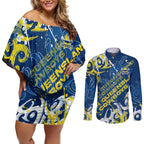 Personalized North Queensland Cowboys Rugby Couples Matching Off Shoulder Short Dress and Long Sleeve Button Shirt Urban Street Graffiti Style - Distressed Splatter Elements