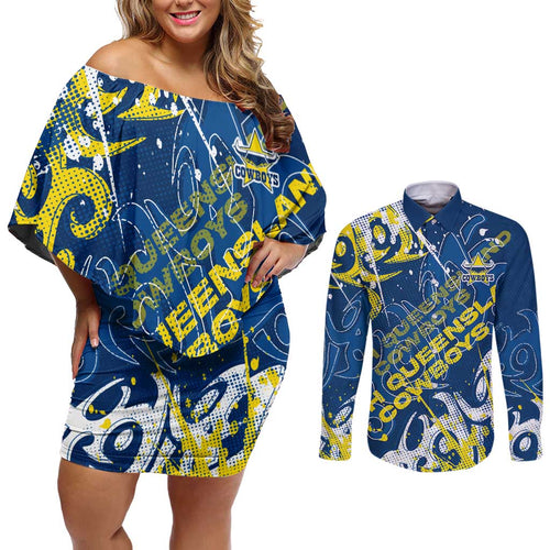 Personalized North Queensland Cowboys Rugby Couples Matching Off Shoulder Short Dress and Long Sleeve Button Shirt Urban Street Graffiti Style - Distressed Splatter Elements
