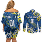 Personalized North Queensland Cowboys Rugby Couples Matching Off Shoulder Short Dress and Long Sleeve Button Shirt Urban Street Graffiti Style - Distressed Splatter Elements