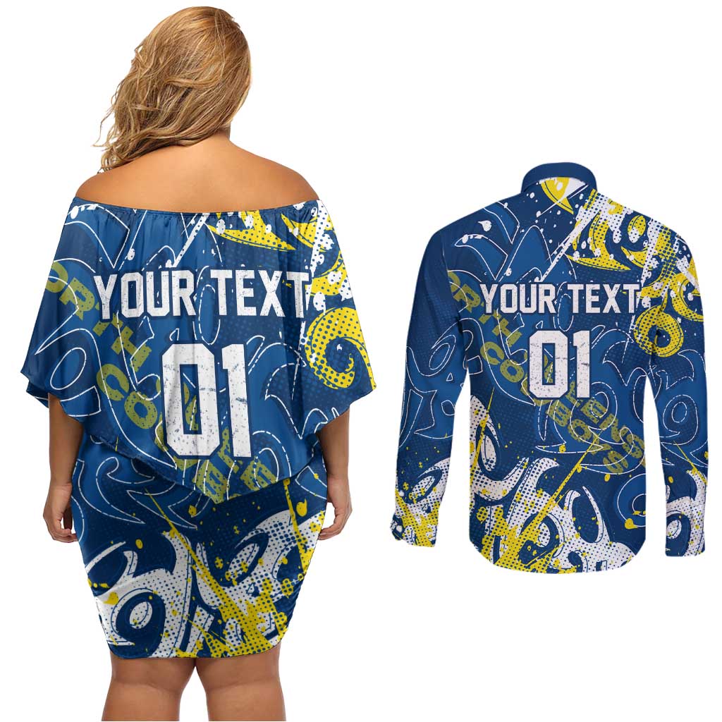 Personalized North Queensland Cowboys Rugby Couples Matching Off Shoulder Short Dress and Long Sleeve Button Shirt Urban Street Graffiti Style - Distressed Splatter Elements