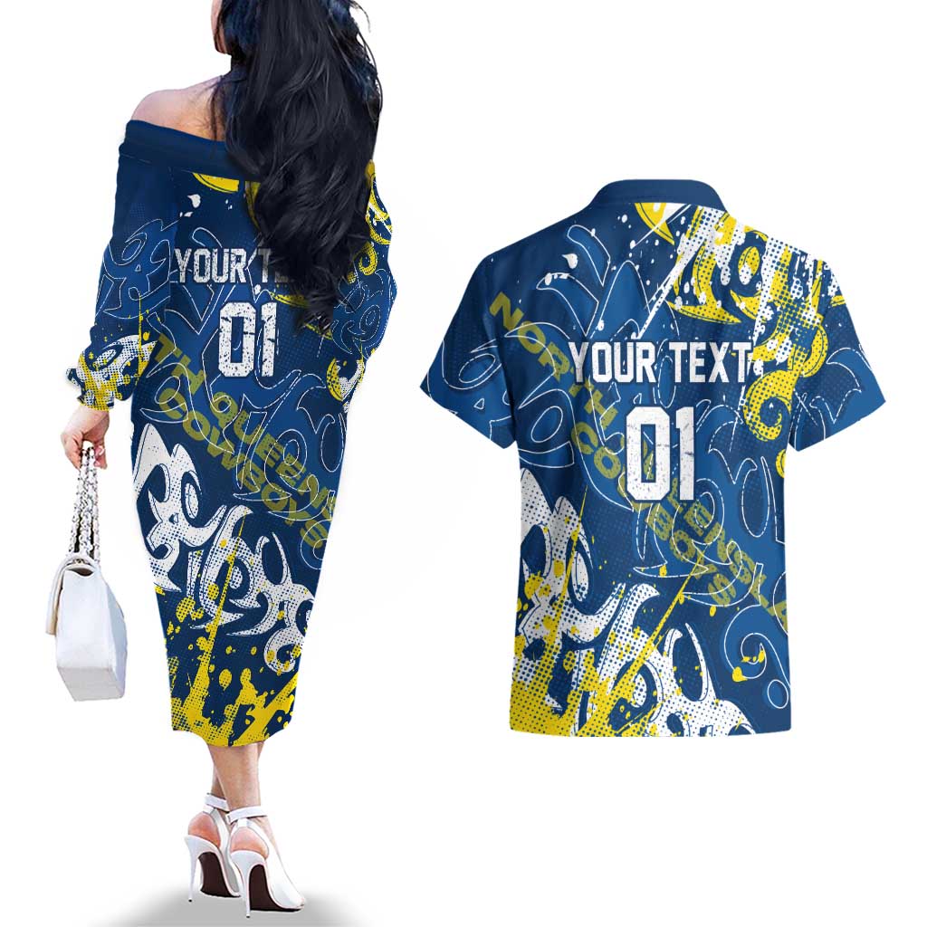 Personalized North Queensland Cowboys Rugby Couples Matching Off The Shoulder Long Sleeve Dress and Hawaiian Shirt Urban Street Graffiti Style - Distressed Splatter Elements