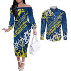 Personalized North Queensland Cowboys Rugby Couples Matching Off The Shoulder Long Sleeve Dress and Long Sleeve Button Shirt Urban Street Graffiti Style - Distressed Splatter Elements