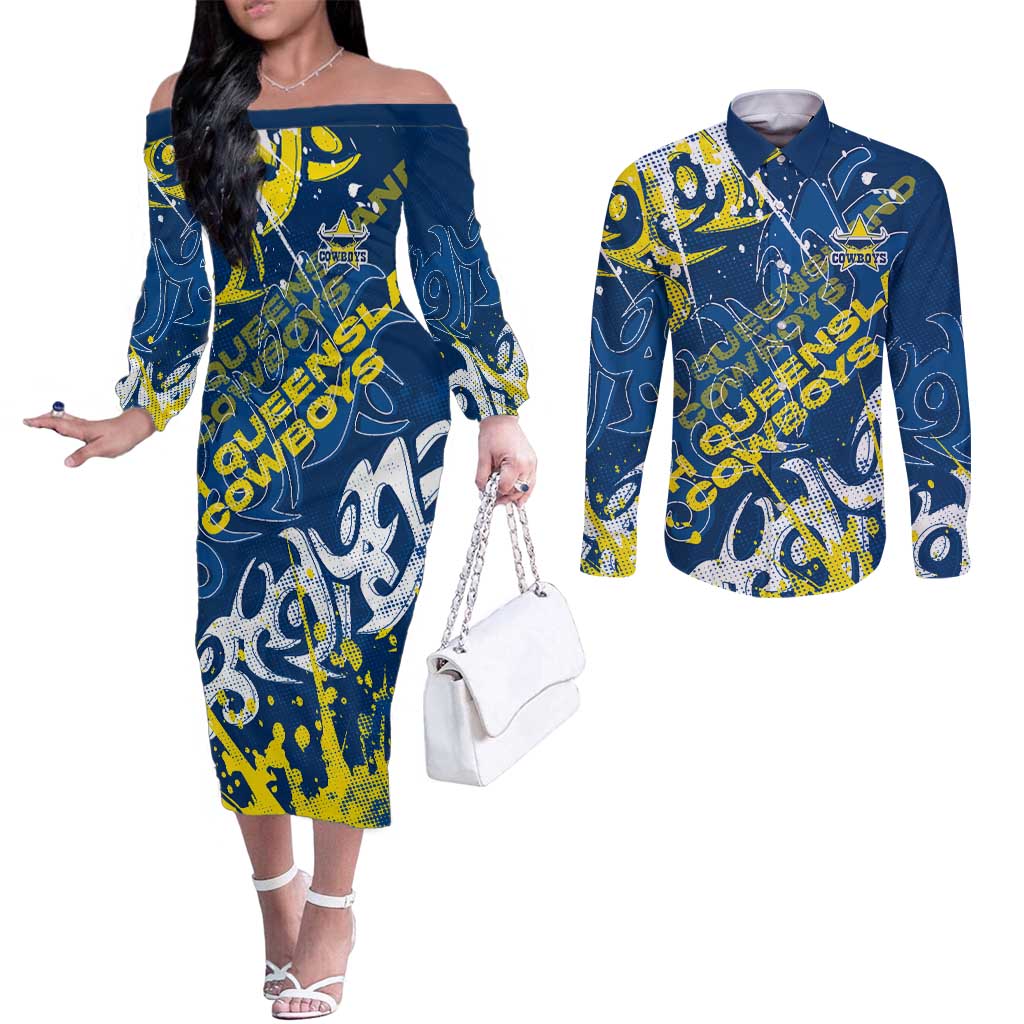 Personalized North Queensland Cowboys Rugby Couples Matching Off The Shoulder Long Sleeve Dress and Long Sleeve Button Shirt Urban Street Graffiti Style - Distressed Splatter Elements
