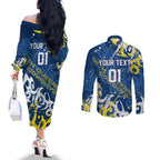 Personalized North Queensland Cowboys Rugby Couples Matching Off The Shoulder Long Sleeve Dress and Long Sleeve Button Shirt Urban Street Graffiti Style - Distressed Splatter Elements