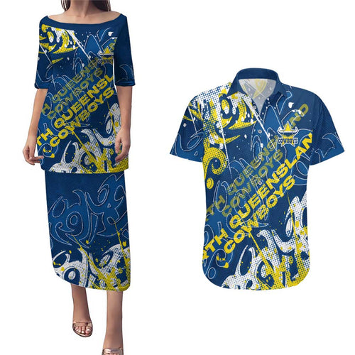 Personalized North Queensland Cowboys Rugby Couples Matching Puletasi and Hawaiian Shirt Urban Street Graffiti Style - Distressed Splatter Elements
