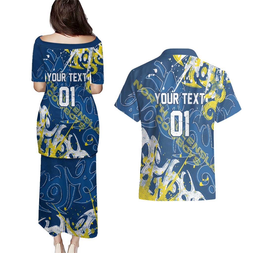 Personalized North Queensland Cowboys Rugby Couples Matching Puletasi and Hawaiian Shirt Urban Street Graffiti Style - Distressed Splatter Elements