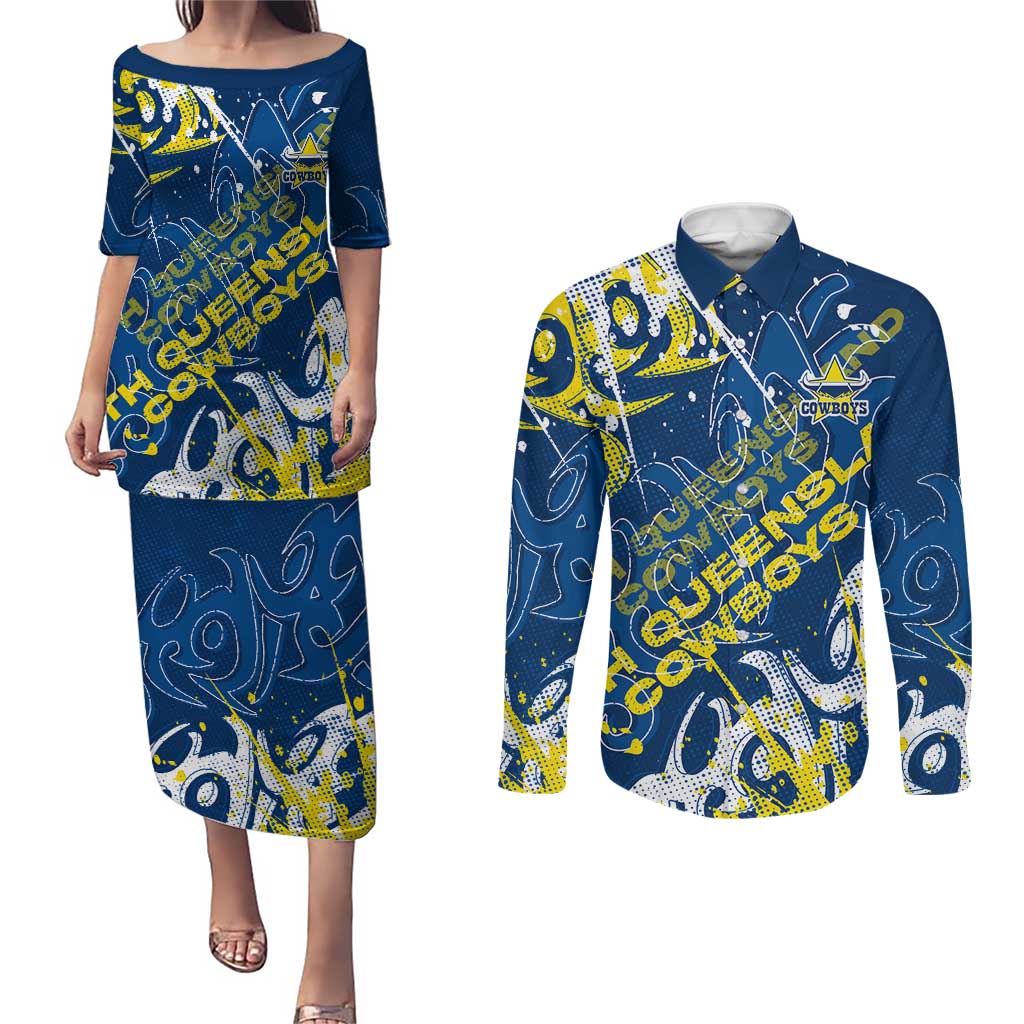 Personalized North Queensland Cowboys Rugby Couples Matching Puletasi and Long Sleeve Button Shirt Urban Street Graffiti Style - Distressed Splatter Elements